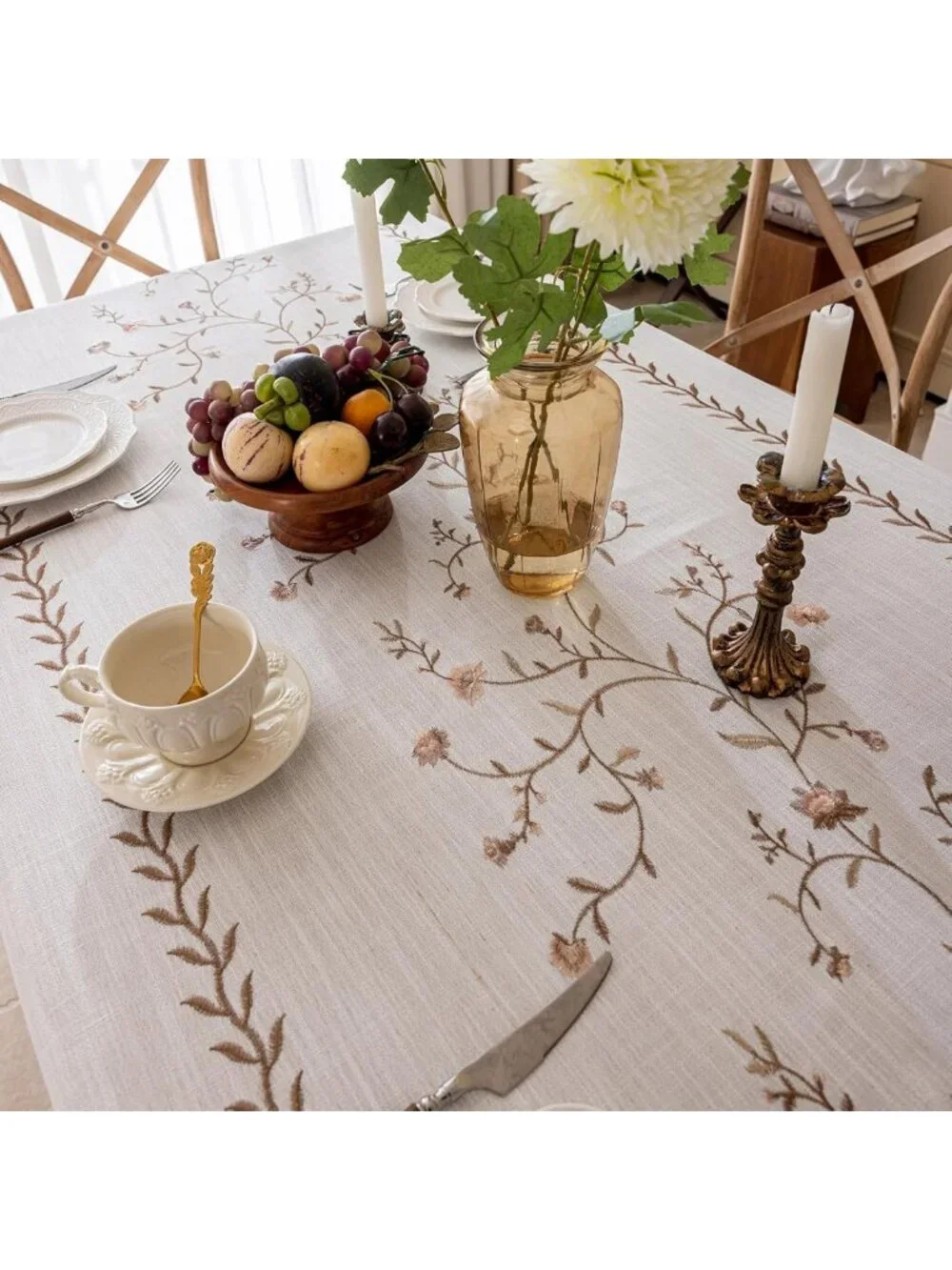 Waterproof Linen Tablecloth with Tassels, Rustic Floral Embroidery, 55